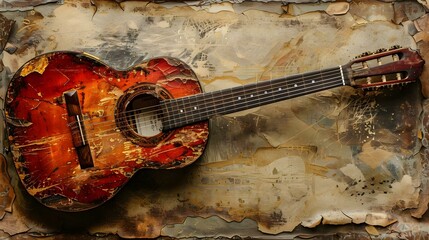 Rustic Guitar Echoes: A Melodic Vintage Vignette. Concept Vintage Guitar Inspiration, Melodic Music Photography, Rustic Vignette Aesthetics, Nostalgic Musical Portraits, Echoes of the Past - obrazy, fototapety, plakaty