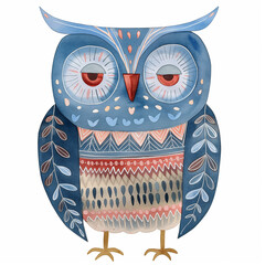 watercolor scandinavian folk art owl illustration, blue and light red colors