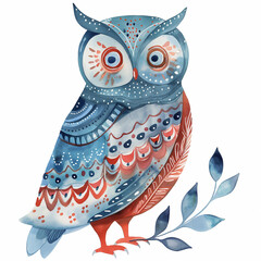 watercolor scandinavian folk art owl illustration, blue and light red colors