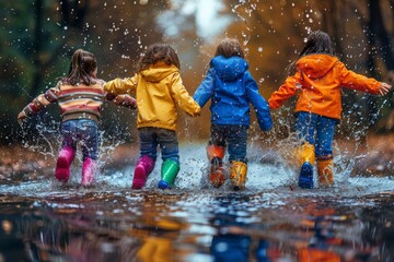 A heartwarming image of four children holding hands and playing in water puddles wearing colorful raincoats in autumn