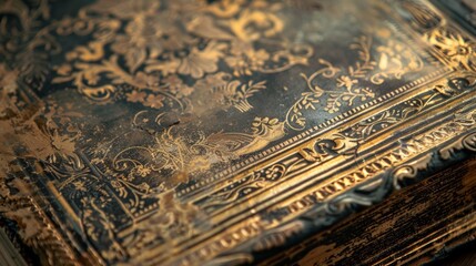 A closeup of a dusty book cover its faded gold foil lettering ly legible against the intricate embossed design. . - obrazy, fototapety, plakaty