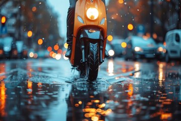 A vibrant scene capturing a wet urban street with an orange scooter splashing through puddles under evening city lights - obrazy, fototapety, plakaty