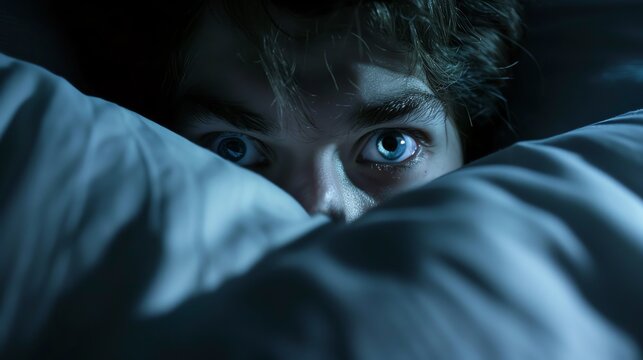 A young boy is hiding under the covers of his bed, his eyes wide with fear