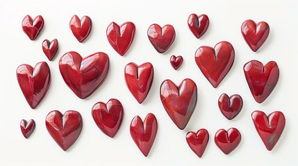 Fototapeta na wymiar Red glass hearts of various sizes on a white background.