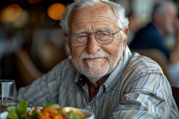 An elder gentleman with glasses and a smile sits with a plate of salad in a restaurant atmosphere - obrazy, fototapety, plakaty