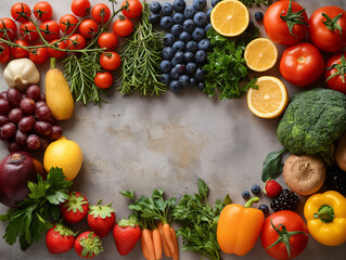 Top view of fruits and vegetables arranged neatly on a table