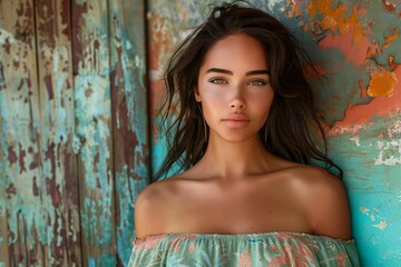 Fototapeta premium a beautiful woman in front of a rustic colorful wall