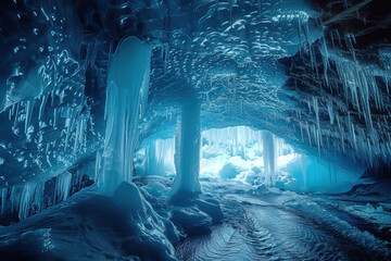 ice cave with icicles and streams of melting water - obrazy, fototapety, plakaty