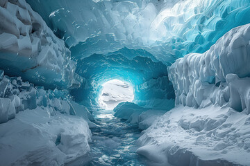 tunnel formed by water in a melting glacier - obrazy, fototapety, plakaty