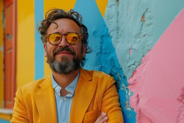 A contemplative man in a mustard blazer and blue shirt leans against a wall painted in pastel colors