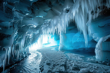 glacier cave with numerous icicles and meltwater flow