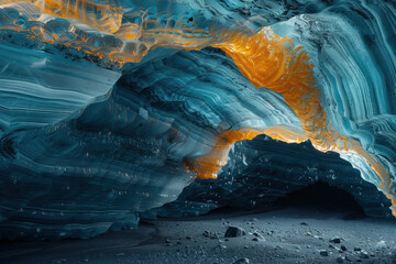 glacier cave with a rocky bottom and colored mineralized layers in the ice