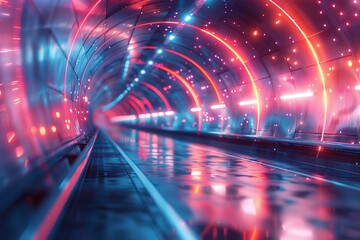 A 3D rendered futuristic tunnel illuminated with vibrant red and blue neon lights reflecting off...