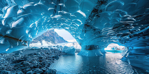 view inside a glacier cave in the mountains