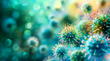 illustration of the influenza virus under the microscope - viral infections concept - obrazy, fototapety, plakaty