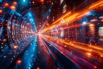 A mesmerizing image of a tunnel enhanced with dynamic light lines representing speed and future technology