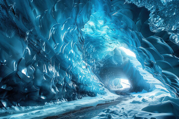 view inside a glacier cave with water stream