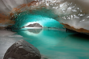 interior of glacier cave formed by flows of water inside a melting glacier