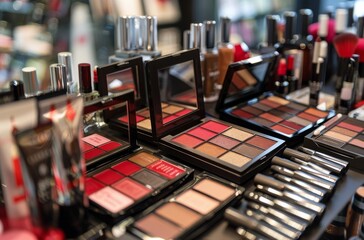 Various Makeup Products Displayed in a Store