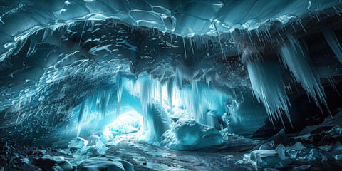 ice cave with icicles and streams of melting water