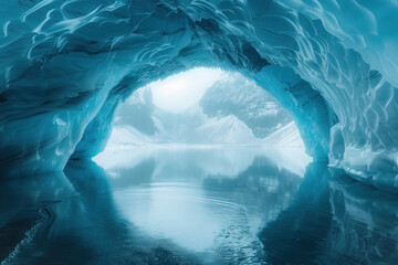 view from inside a glacier cave on the edge of a high mountain lake