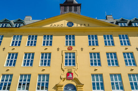 ALESUND, NORWAY - JULY 20, 2014: The Aspoy School in Alesund, Norway, built from 1919 to 1922 according to plans by the architectural firm Morgenstierne and Eide in the neo-Baroque style