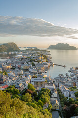 Aerial view at sunset of the city of Alesund, Norway