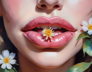Girls lips with flower, impressionism painting style	 - obrazy, fototapety, plakaty