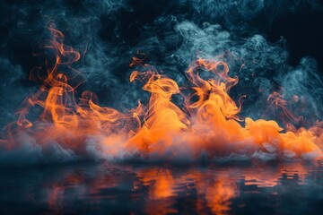 A dramatic display of vibrant orange flames and billowing dark smoke against a black backdrop, suggesting a sense of power and energy