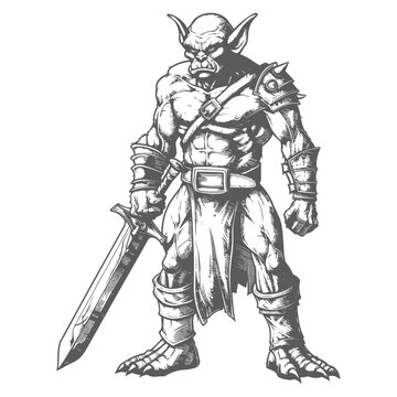 goblin warrior with sword images using Old engraving style