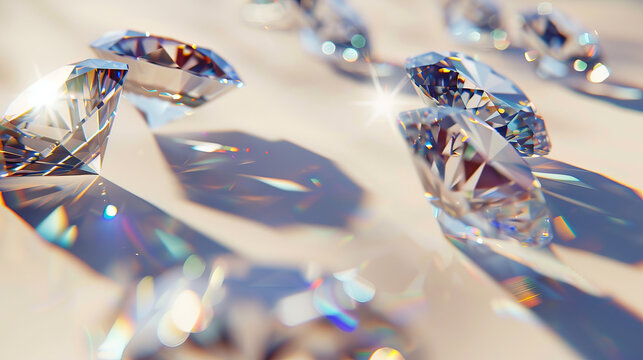 A close-up image displays diamonds of various cuts and sizes arranged on a light background, casting subtle shadows that accentuate their brilliance and allure.