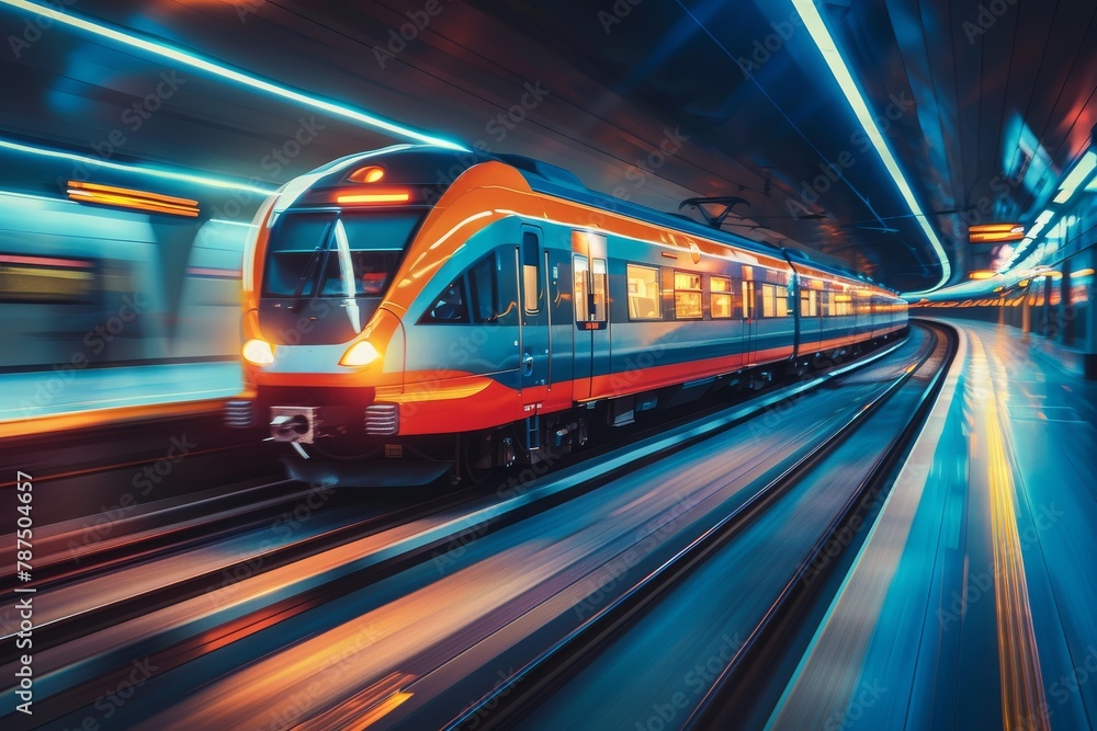 Poster the motion blur of a fast-moving train in a tunnel, showcasing the speed and efficiency of modern tr