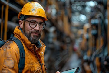 Focused employee in yellow helmet and orange jacket using a digital tablet in an industrial environment