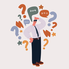 Cartoon vector illustration of Young man cartoon character Confused in Casual wear scratching his head. Unhappy man in puzzled expression