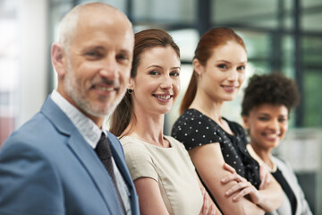 Fototapeta premium Business people, portrait and confident for teamwork in office, line and unity for company success. Colleagues, senior man and row of employees for support, hiring and solidarity for job interview