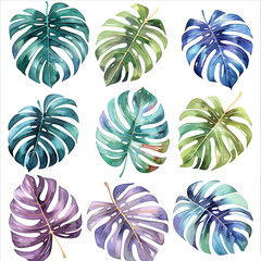 Charming watercolor clipart set showcasing monstera leaves in delicate pastel shades, suitable for crafting beautiful patterns, wallpapers, and blog headers.