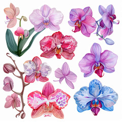 Beautiful watercolor clipart set showcasing orchid bouquets and elements, suitable for crafting refined posters, banners, and digital collages.