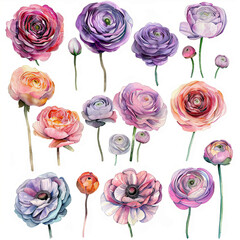 Graceful watercolor pack featuring ranunculus flowers in various arrangements, perfect for adding a pop of color to stationery, packaging, and social media posts.