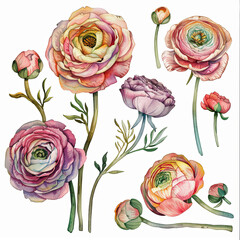 Stunning watercolor illustrations of ranunculus, ideal for adding a touch of romance to wedding invitations, greeting cards, and floral arrangements.