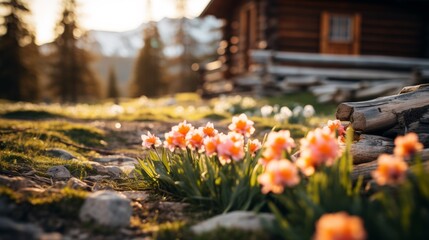 A field of flowers in front of a cabin with logs, AI
