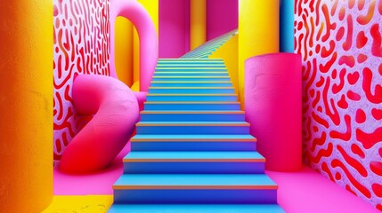 Blank mockup of a psychedelic staircase with bright colors and trippy patterns. .