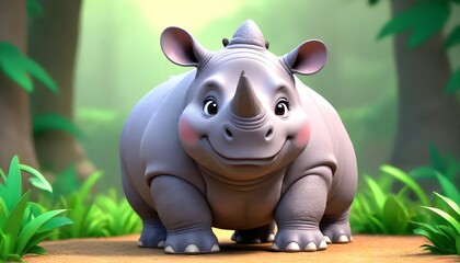 Friendly Forest: Charming Baby Rhino in a Whimsical 3D Jungle