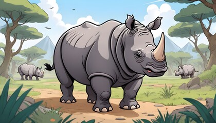 Serene Savannah: An Illustrated Rhinoceros Family in Their Natural Habitat