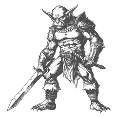 Fototapeta na wymiar goblin warrior with sword images using Old engraving style