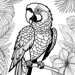 Black and White Illustration of a Macaw Parrot Amongst Tropical Foliage