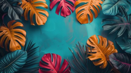 Palm Leaves on Blue and Yellow Background