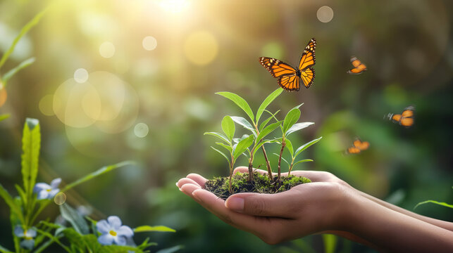 Hand holding young plant and butterflies flying on nature background, green environment concept with hand showing tree growing in soil at morning time for world earth day