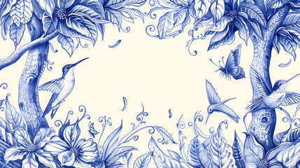 Vibrant Painting of Coffee Trees and Hummingbirds Set in a Blue and White Floral Border