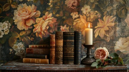 Rustic faded wallpaper sets the scene for a vintageinspired podium adorned with classic books and a flickering candle transporting . . - obrazy, fototapety, plakaty