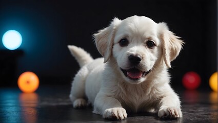 Cute playful white braun doggy or pet is playing and looking happy isolated on dark